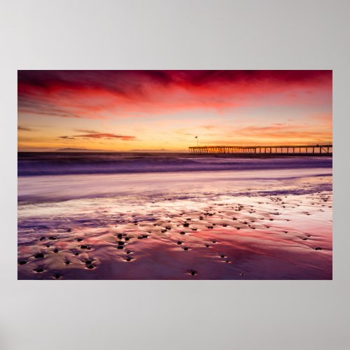 Seascape and pier at sunset CA Poster