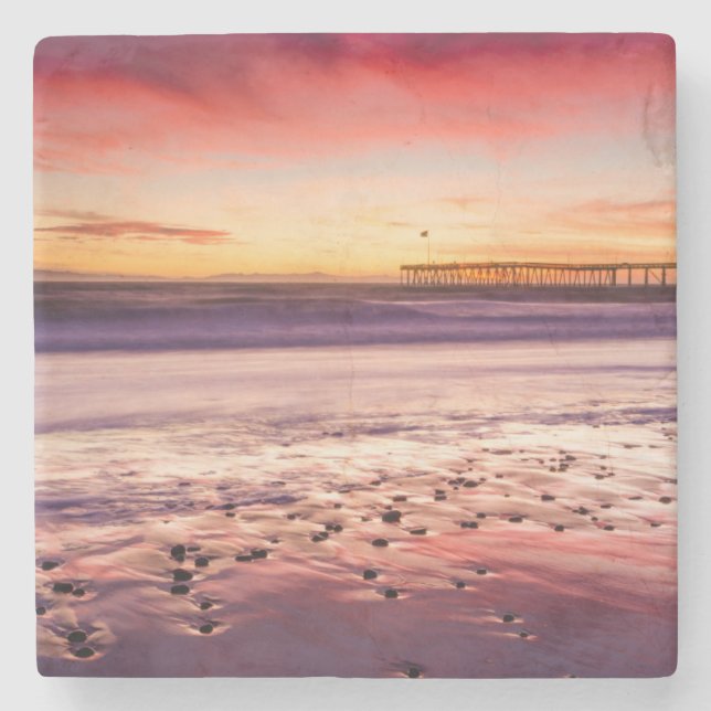 Seascape and pier at sunset, CA Stone Coaster (Front)