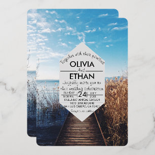 Seascape beach celebration Wedding Foil Invitation