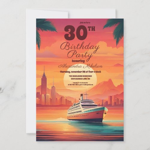 Seascape Beach Cruise Watercolor  Palm Birthday  Invitation