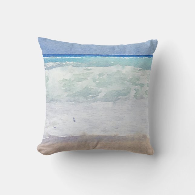 Seascape Beach Design Watercolor Throw Pillow (Front)