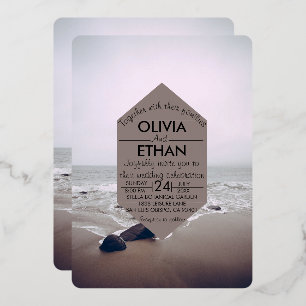 Seascape beach shore navy Wedding Foil Invitation