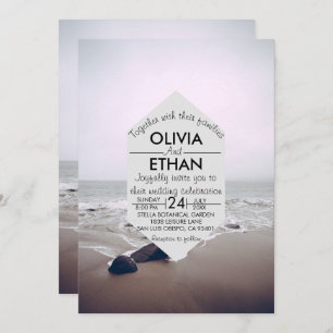 Seascape beach shore navy Wedding Invitation
