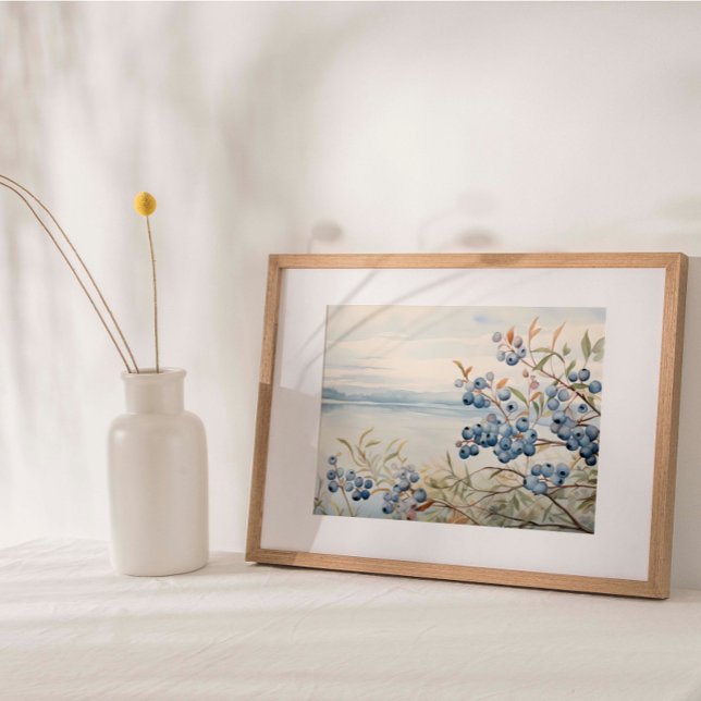 Seascape Blueberry Fruit Plant Watercolor Print (Watercolor print depicting a fruitful blueberry bush against a serene coastal backdrop.)