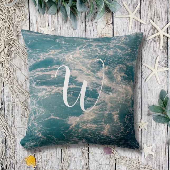 Seascape Caribbean Blue White Wave Crests Monogram Throw Pillow (Seascape Caribbean Blue White Wave Crests Monogram Throw Pillow)