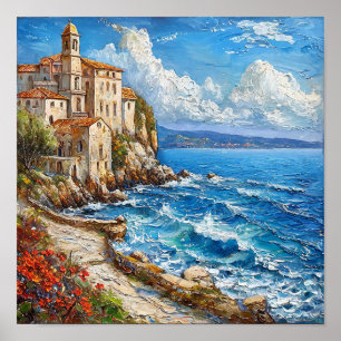 🌊 Seascape Cottage Oil Painting Coastal Serenity Poster