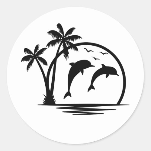 Seascape Dolphin Jumping Palm Tree Ocean Classic Round Sticker
