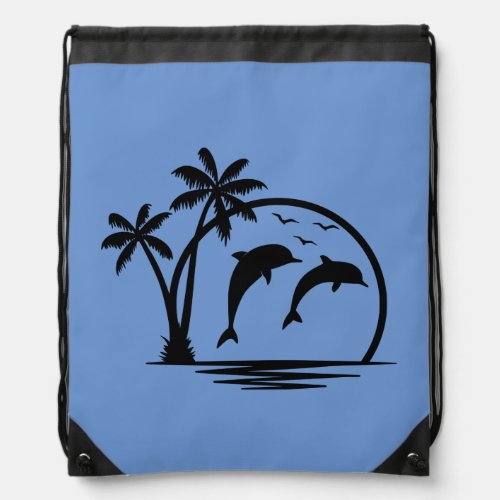 Seascape Dolphin Jumping Palm Tree Ocean Drawstring Bag