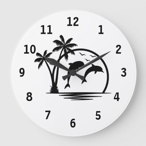 Seascape Dolphin Jumping Palm Tree Ocean Large Clock