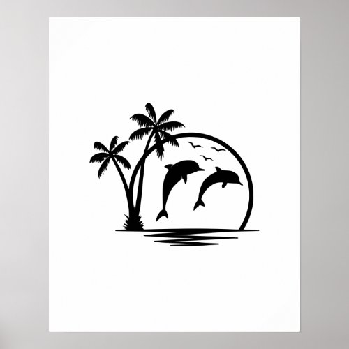 Seascape Dolphin Jumping Palm Tree Ocean Poster