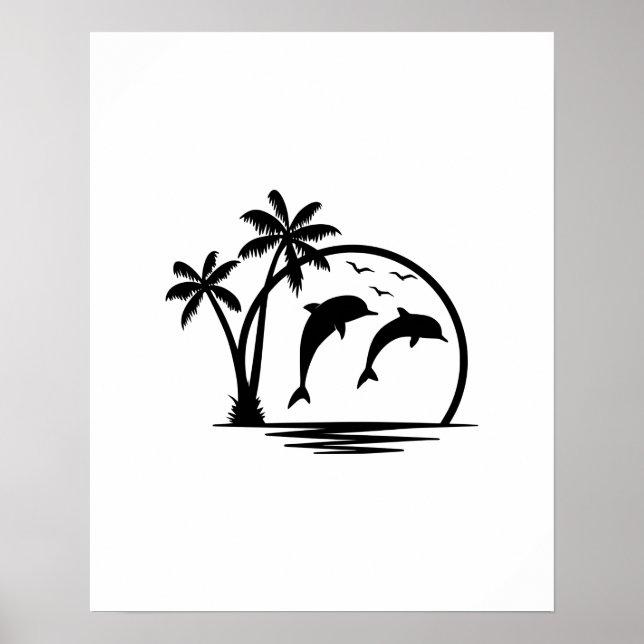 Seascape Dolphin Jumping Palm Tree Ocean Poster (Front)