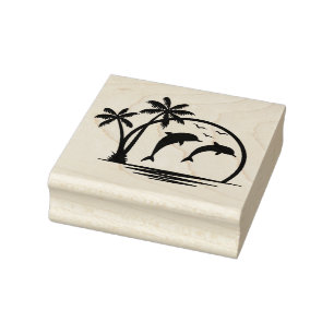 Seascape Dolphin Jumping Palm Tree Ocean Rubber Stamp