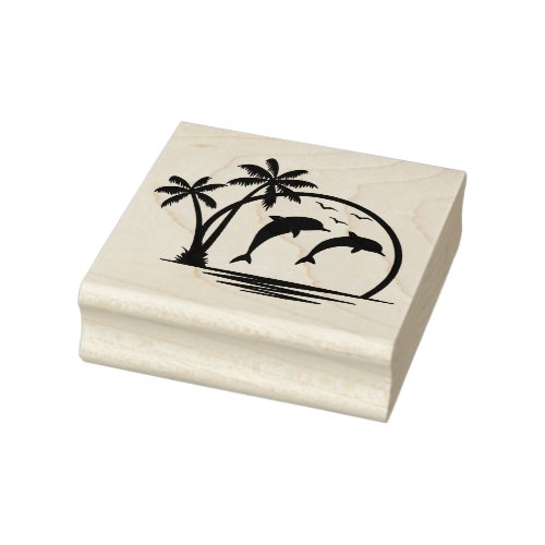 Seascape Dolphin Jumping Palm Tree Ocean Rubber Stamp