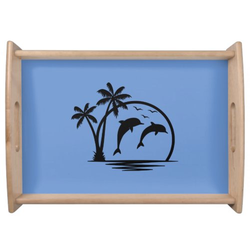Seascape Dolphin Jumping Palm Tree Ocean Serving Tray