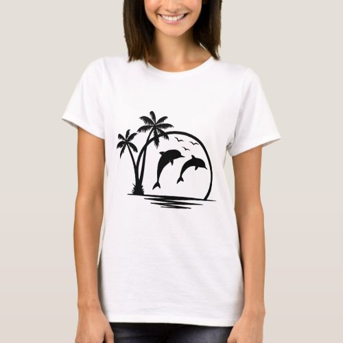 Seascape Dolphin Jumping Palm Tree Ocean T_Shirt