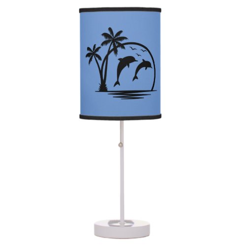 Seascape Dolphin Jumping Palm Tree Ocean Table Lamp