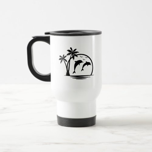 Seascape Dolphin Jumping Palm Tree Ocean Travel Mug