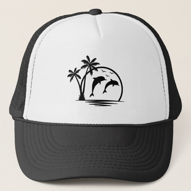 Seascape Dolphin Jumping Palm Tree Ocean Trucker Hat (Front)