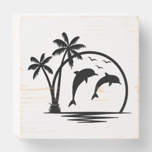 Seascape Dolphin Jumping Palm Tree Ocean Wooden Box Sign