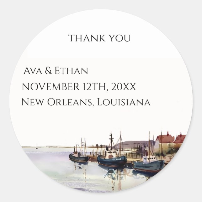   Seascape Harbor Thank You Wedding Favor Classic Round Sticker (Front)