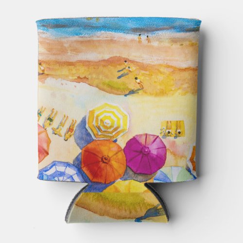 Seascape Love Watercolor Vacation Painting Can Cooler