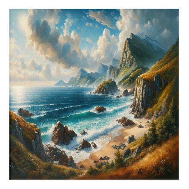 Seascape Paintings Sea Beach with cliff Acrylic Print (Front)