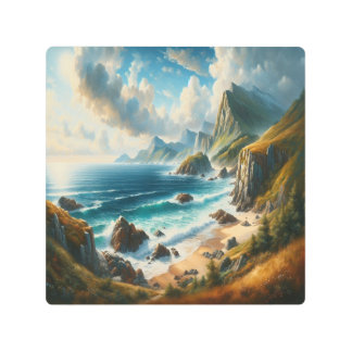 Seascape Paintings Sea Beach with cliff Metal Print