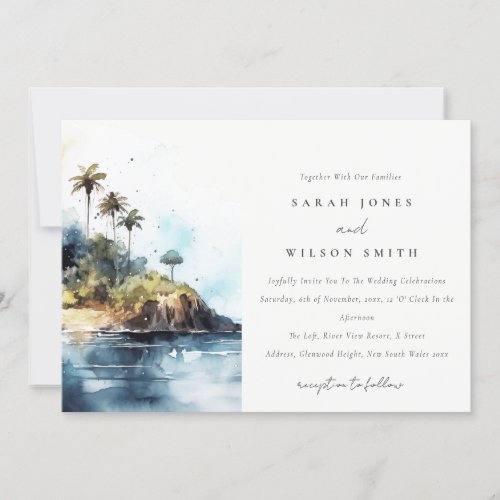 Seascape Palm Tree Island Watercolor Wedding Invitation