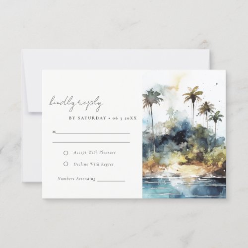 Seascape Palm Tree Island Watercolor Wedding RSVP Card