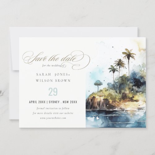 Seascape Palm Tree Island Watercolor Wedding Save The Date