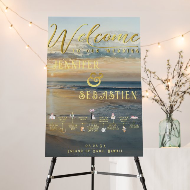 Seascape Sunset Beach Wedding Welcome Timeline Foam Board (In Situ (Stand))