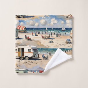 Seascape, Vintage Caravan on the Beach Bath Towel Set
