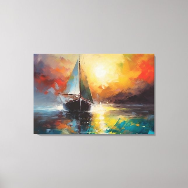 Seascape with a lonely sailboat at sunset. canvas print (Front)