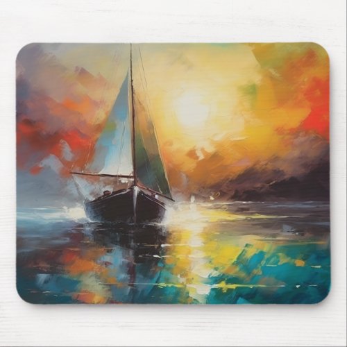 Seascape with a lonely sailboat at sunset mouse pad