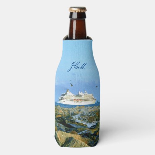 Seascape with Cruise Ship Monogrammed Bottle Cooler