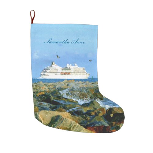 Seascape with Cruise Ship Personalized Large Christmas Stocking