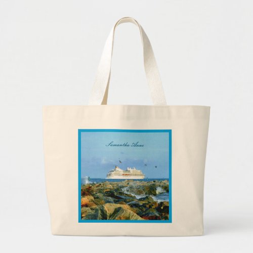 Seascape with Cruise Ship Personalized Large Tote Bag