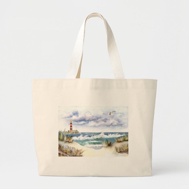 * Seascape with Lighthouse * Large Tote Bag (Front)