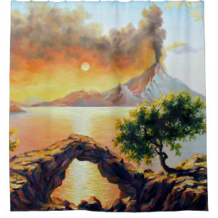 Seascape with the eruption of the volcano, oil on  shower curtain