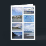 Seascapes birthday card for foster son<br><div class="desc">A birthday card for a wonderful foster son. A collection of seascapes and seaside images. Beaches and boats with beautiful scenery. A modern take on a traditional look. Inside the card is a lovely verse. Copyright Norma Cornes</div>