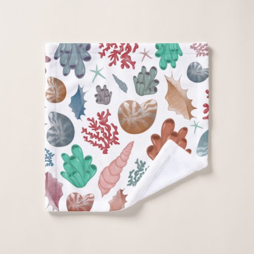 Seashell and coral seaside print washcloth