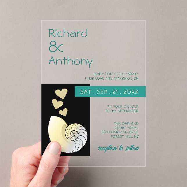 Seashell and Hearts, Beach Wedding Acrylic Invitations (Insitu (Handheld))