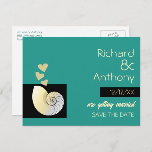 Seashell and Hearts Beach Wedding Save the Date Announcement Postcard