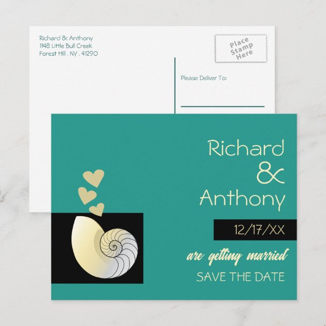 Seashell and Hearts, Beach Wedding Save the Date Announcement Postcard (Front/Back)