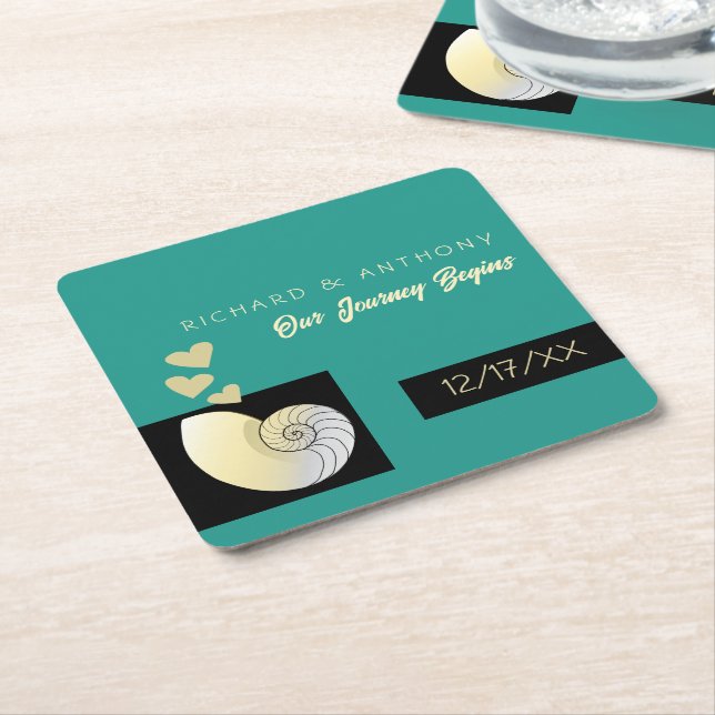 Seashell and Hearts, Beach Wedding Square Paper Coaster (Angled)