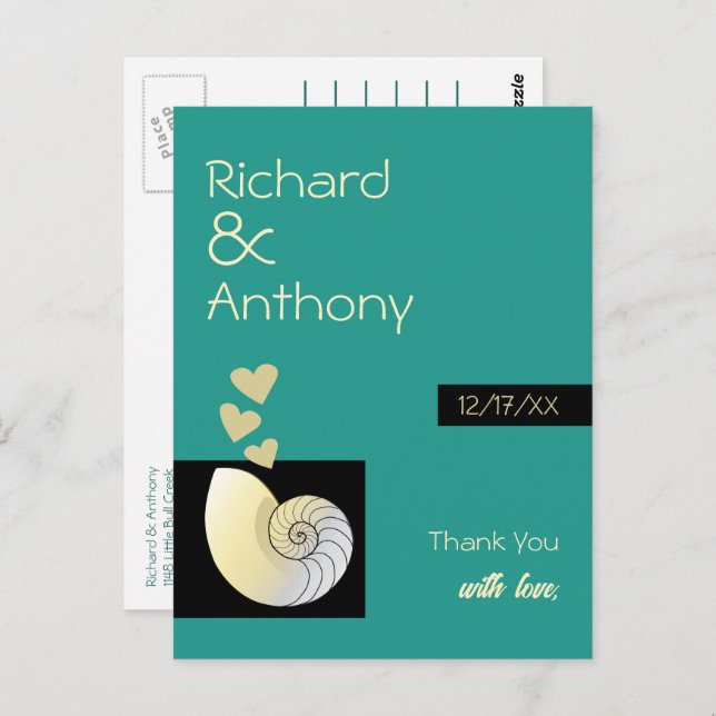 Seashell and Hearts, Beach Wedding Thank You Postcard (Front/Back)