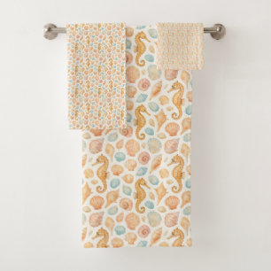 Seashell and seahorse watercolor pattern bath towel set