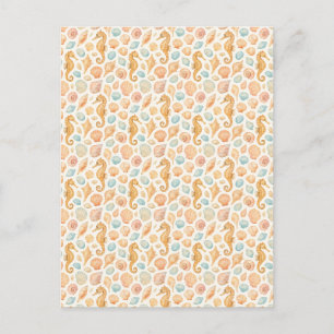 Seashell and seahorse watercolor pattern holiday postcard