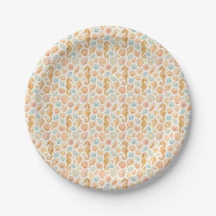 Seashell and seahorse watercolor pattern paper plates