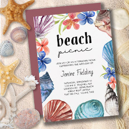 Seashell and Tropical Flower Beach Picnic Birthday Invitation